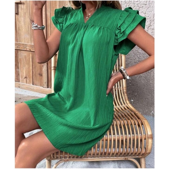 Solid Green Ruffle Sleeve Mini Dress S M L XL - Picture 2 of 4